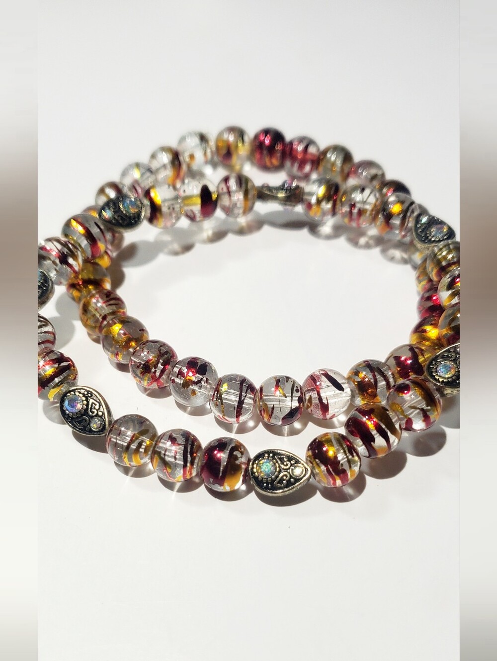 Handmade Clear Glass Bead Stretch Bracelet with Burgundy and Gold Accents
